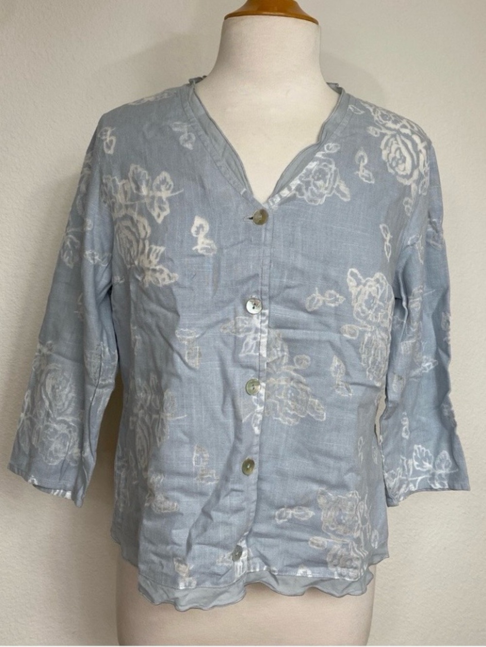 J. Jill Womens Blue White Floral Linen Mix Button Boxy 3/4 Sleeve Blouse Size M